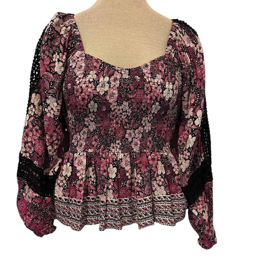 ANGIE Y2K Smocked Babydoll Crochet Puff Sleeve Top Sz S Floral Boho Peasant Fair